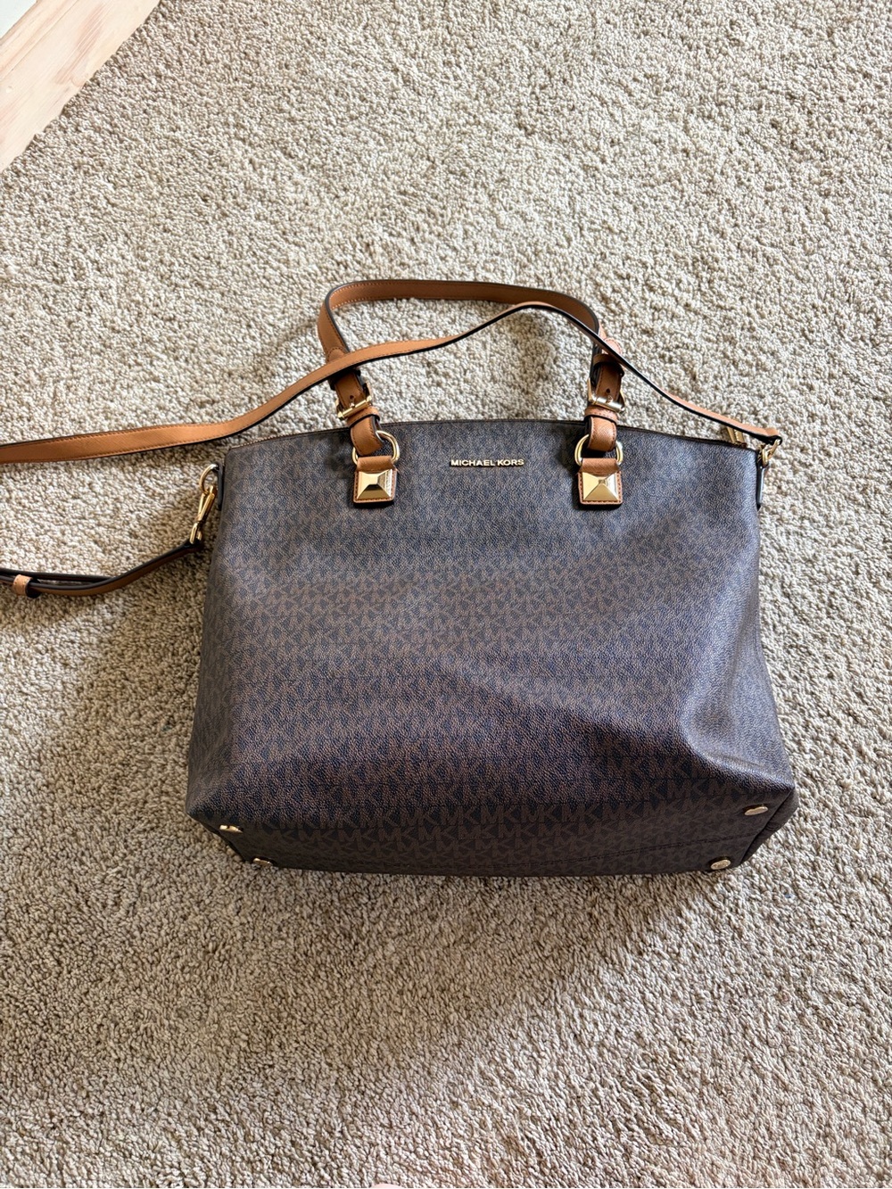 Michael Kors Dark Brown Logo Tote with Tan Straps